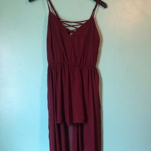 Burgundy high low jumpsuit.